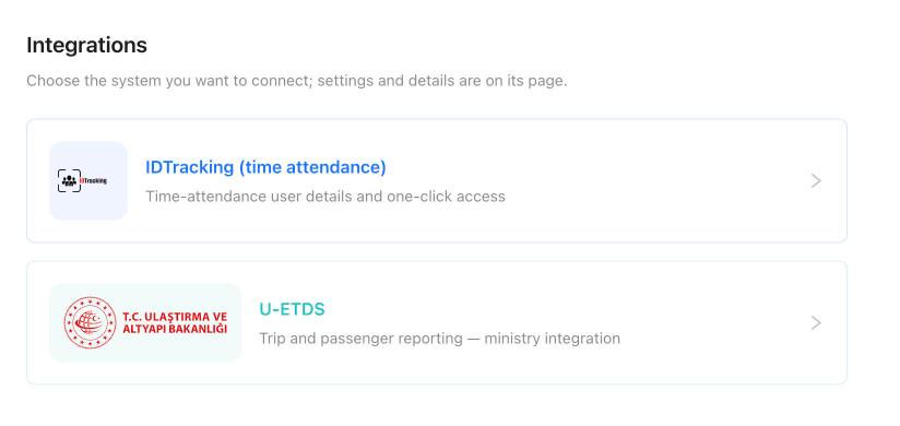 Time-attendance and U-ETDS connections on the Rotanis integrations screen