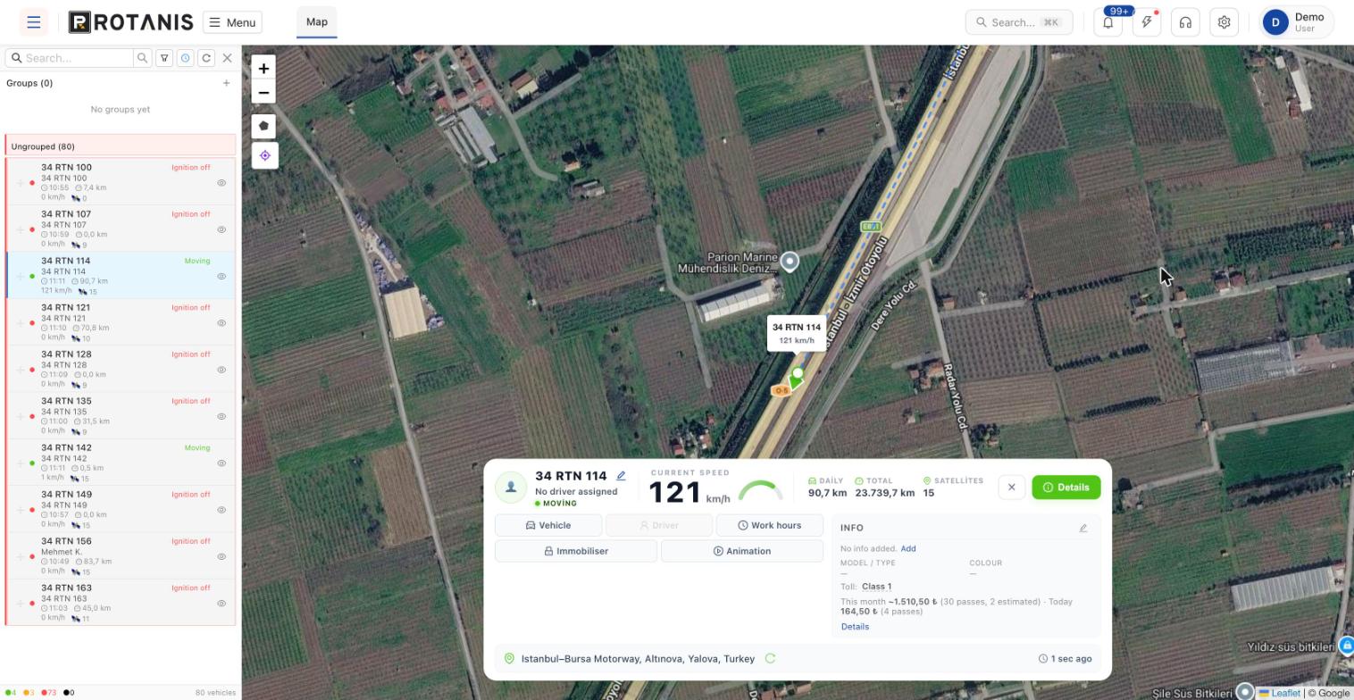 Live map on the Rotanis platform with the selected vehicle’s speed, daily distance and location card