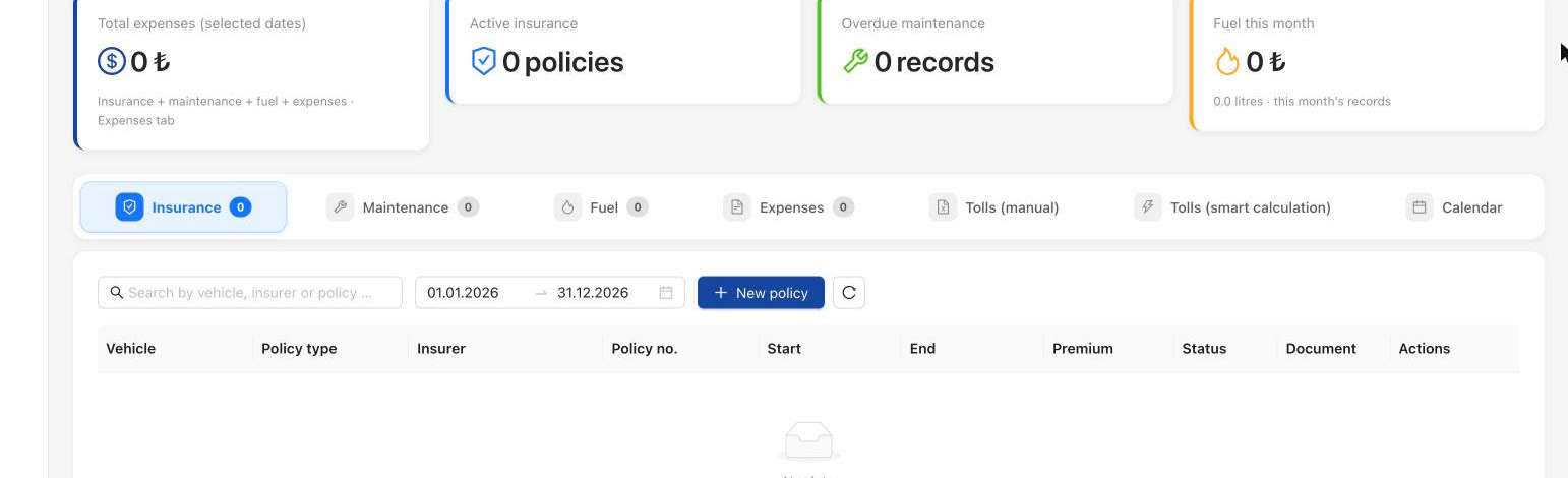 Insurance, maintenance, fuel, expense and toll tabs on the Rotanis fleet cost screen