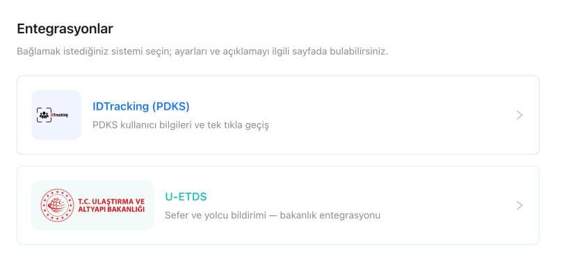 Rotanis entegrasyonlar ekranında PDKS ve U-ETDS bağlantıları