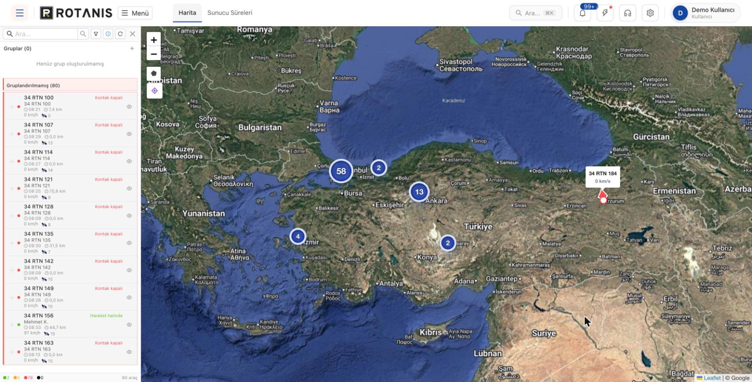 Rotanis panelinde Türkiye genelindeki araçların harita görünümü ve araç listesi